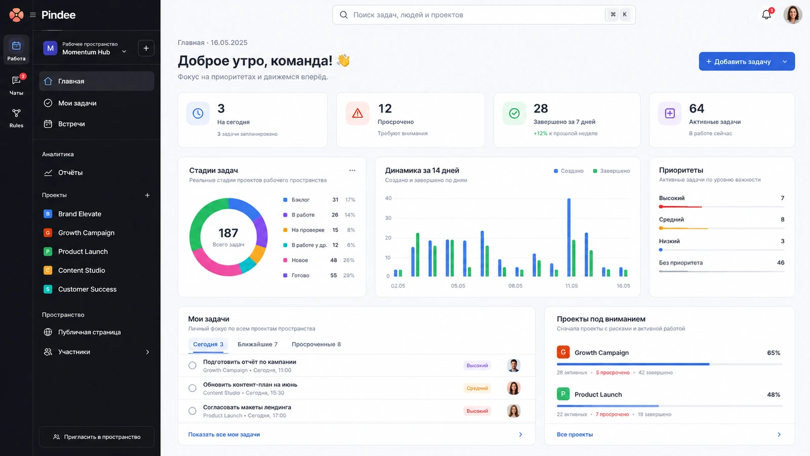 Главное рабочее пространство Pindee